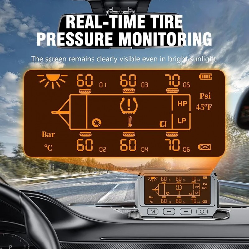 Wireless Solar Power TPMS Tire Pressure Monitoring System RV Truck TPMS with 6 Sensors 
