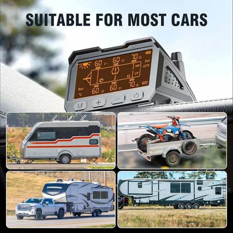 RV Solar Big Orange Color Display Receiver TPMS with 6 External Cap Sensors 