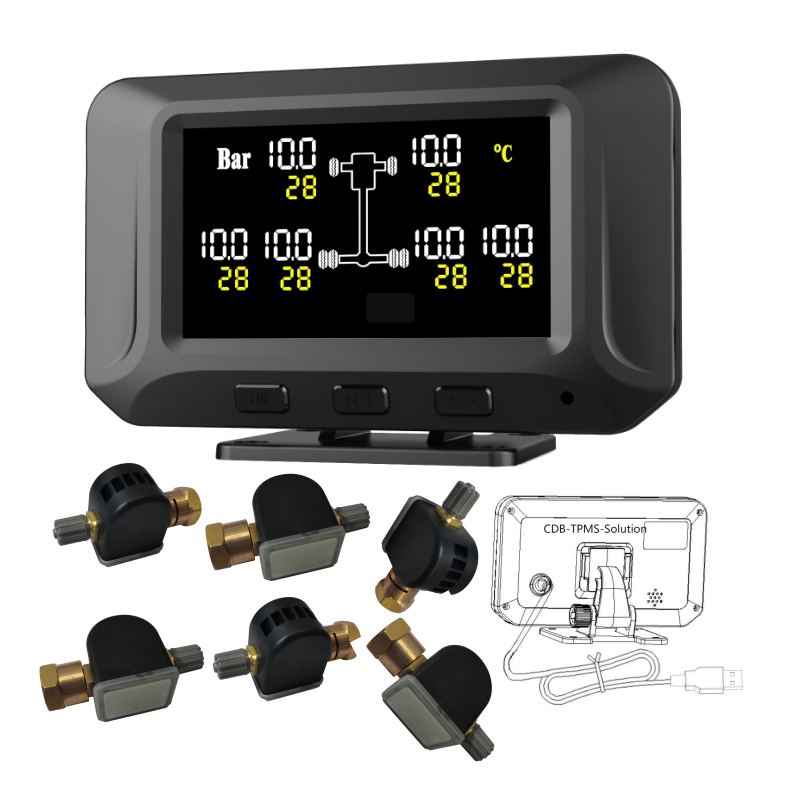 TPMS Kits simultaneously display 6-Wheel Vehicle tyre data USB Power Supply