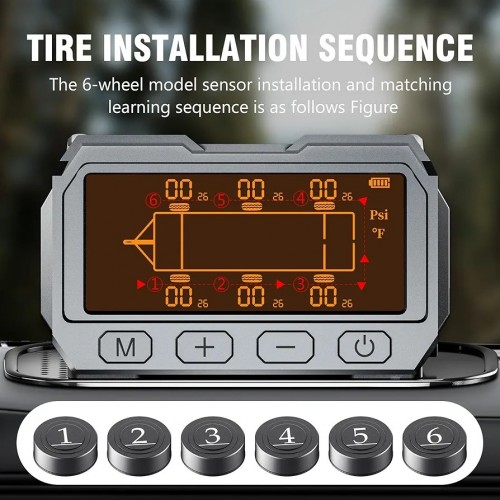 RV Solar Big Orange Color Display Receiver TPMS with 6 External Cap Sensors