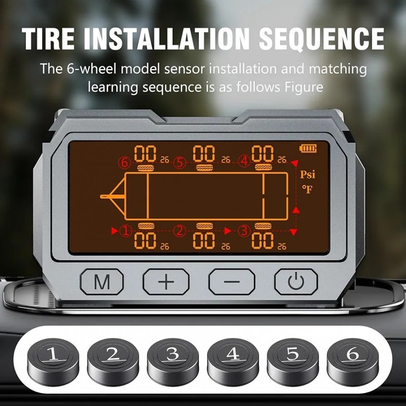 RV Solar Big Orange Color Display Receiver TPMS with 6 External Cap Sensors